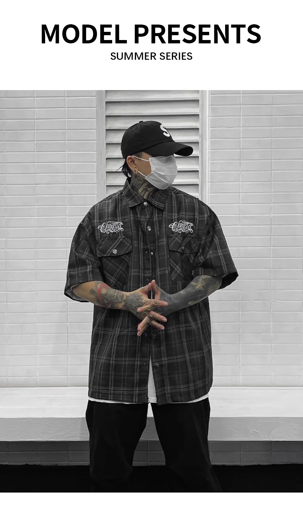 Chicano Safari Short Sleeve Shirt Mens Summer Streetwear Casual Loose Letter Embroidery Lapel Plaid Shirt Man