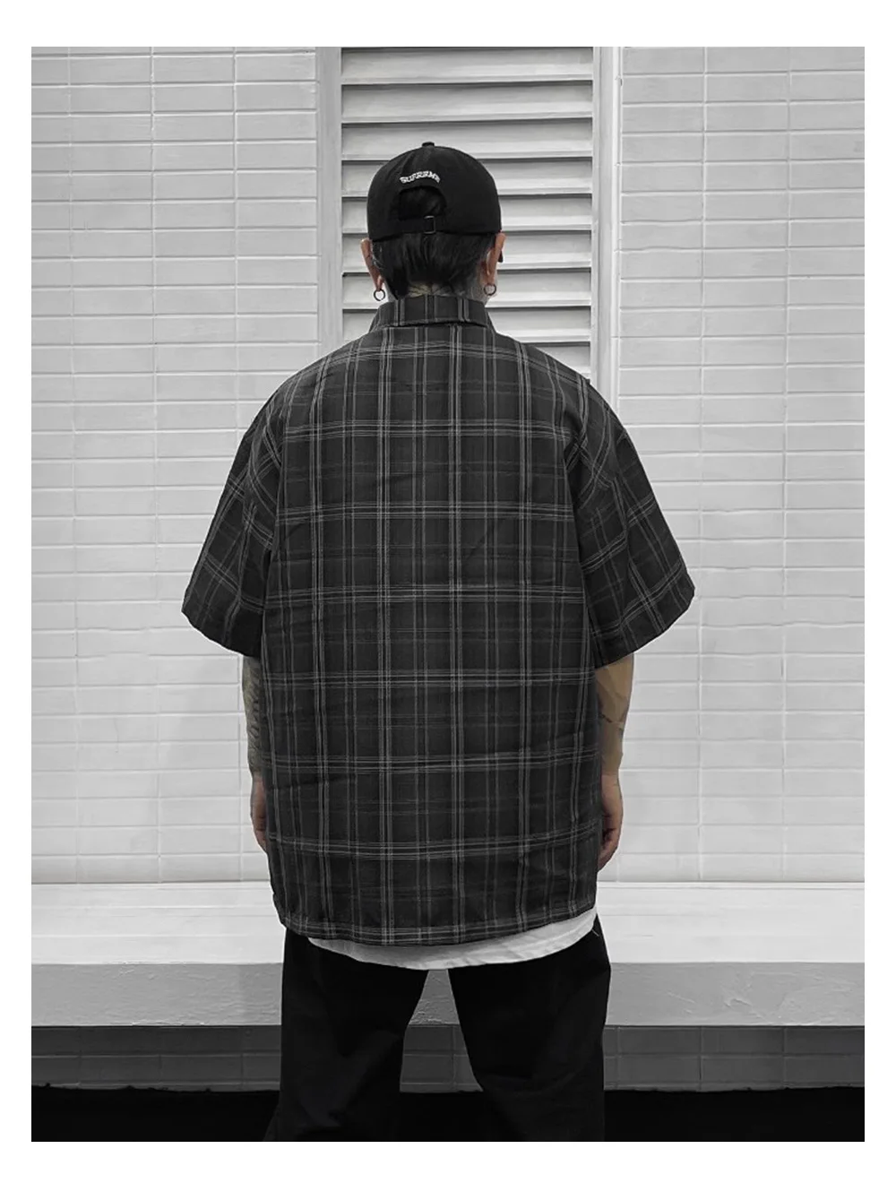 Chicano Safari Short Sleeve Shirt Mens Summer Streetwear Casual Loose Letter Embroidery Lapel Plaid Shirt Man