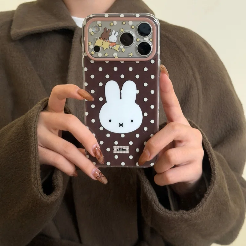 Luxury Cute cartoon Miffy brown white Polka Dots Phone Case For iPhone 16 15 14 13 17 Pro Max lovely Star Miffy Lens protect