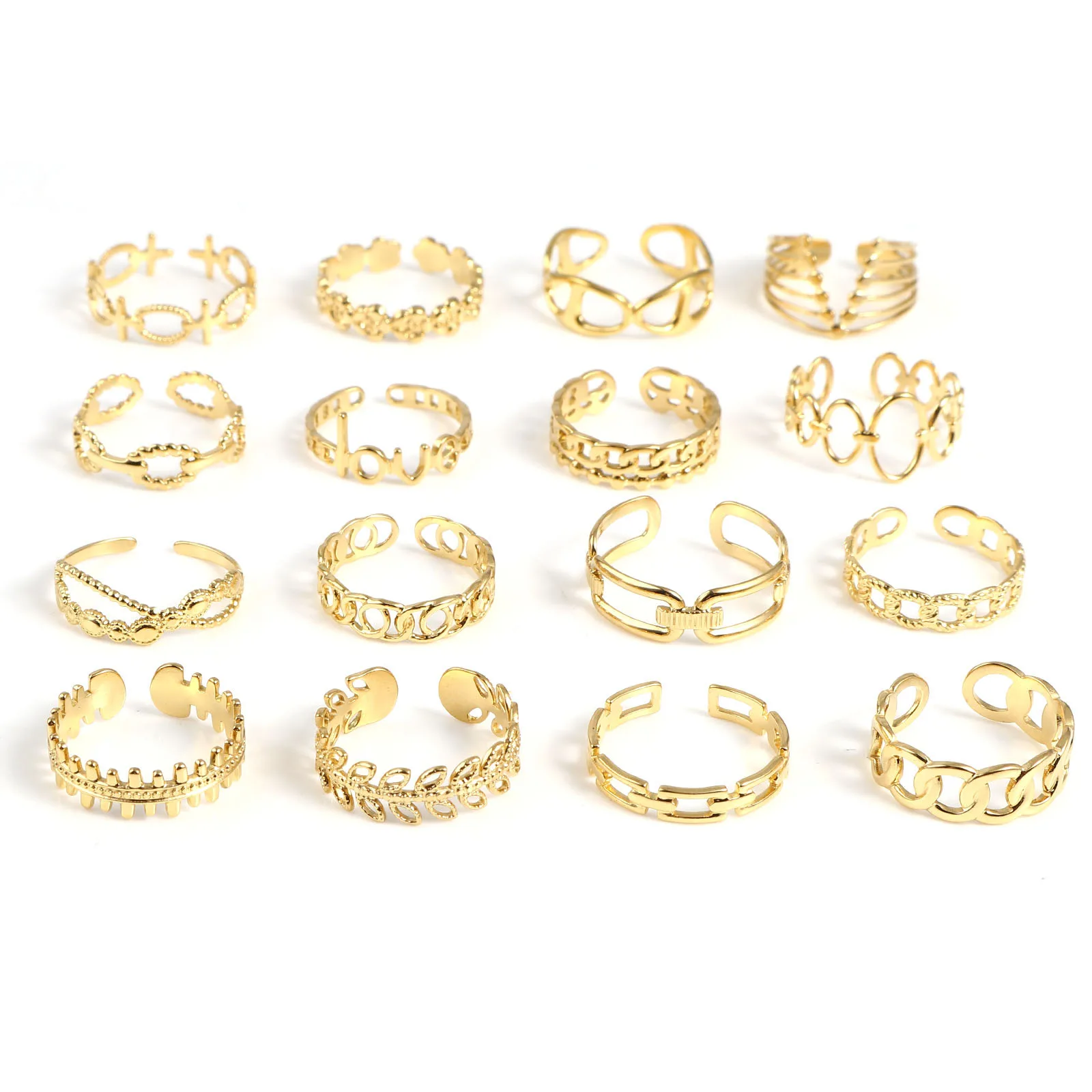 Fashion Stainless Steel Open Rings For Men Women Jewelry Classic Gold Color Link Chain Adjustable Ring Gift (US size 8.5) 18.5mm