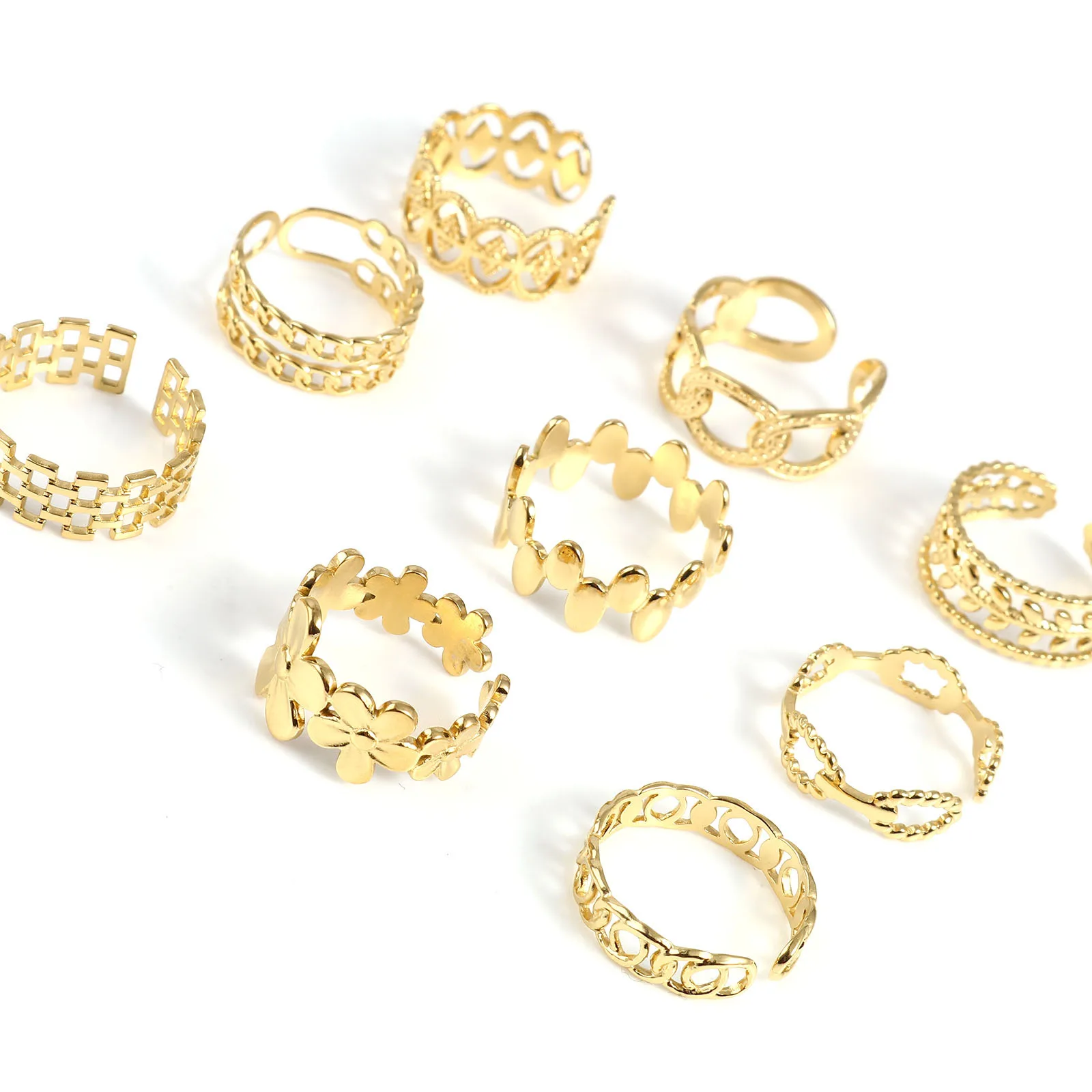 Fashion Stainless Steel Open Rings For Men Women Jewelry Classic Gold Color Link Chain Adjustable Ring Gift (US size 8.5) 18.5mm