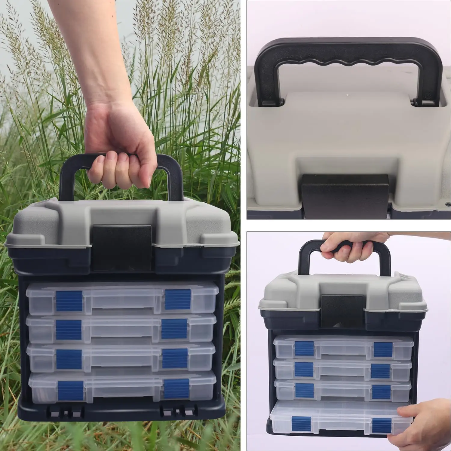 Zoe Fishing Tackle Box Kit with Fishing Pliers 4-Tier Multi-Functional Fishing Handheld Storage Box Adjustable Dividers Portable Fishing Tackle Lure Tool Box Arts Crafts