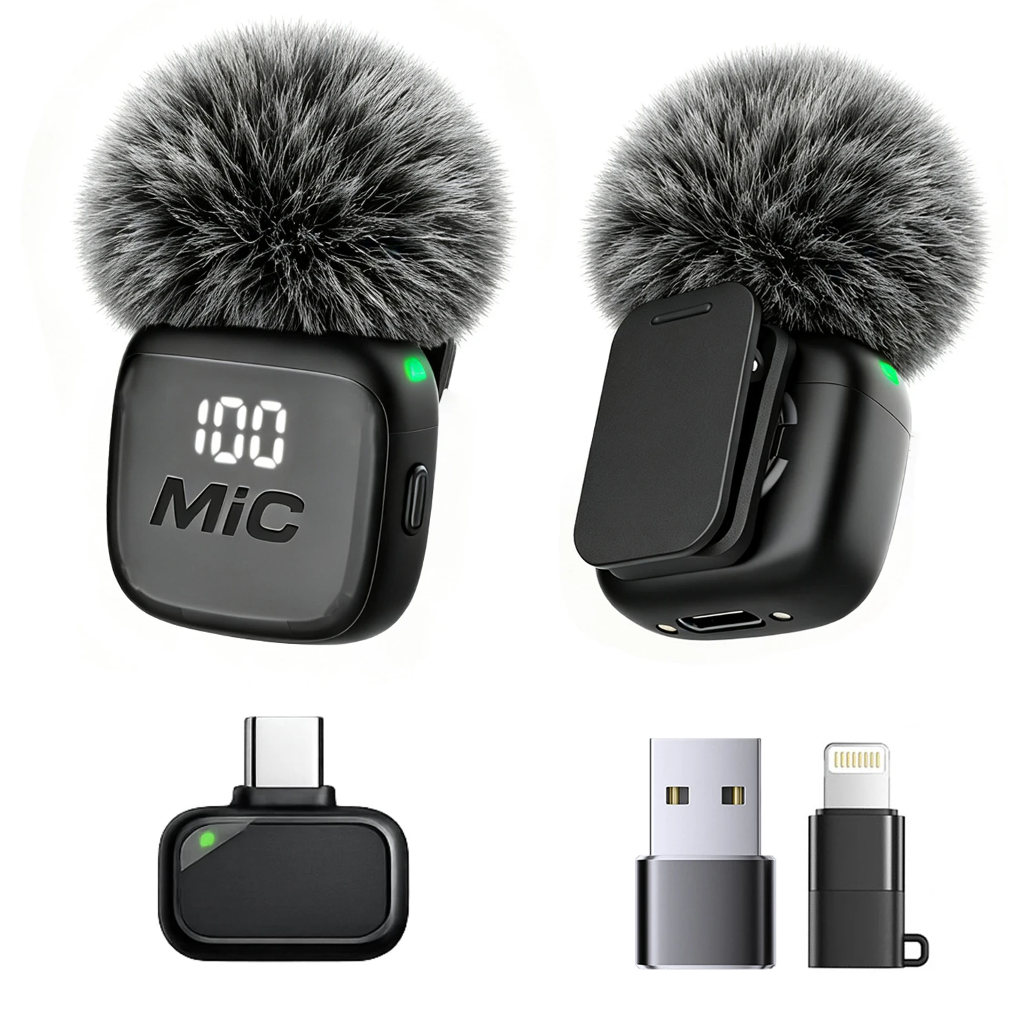 Wireless Lavalier Microphone, Mini Mic, Wind Cover, Type-C With Lightning & USB Adapter, for Phones, Tablets, Laptops, Computers