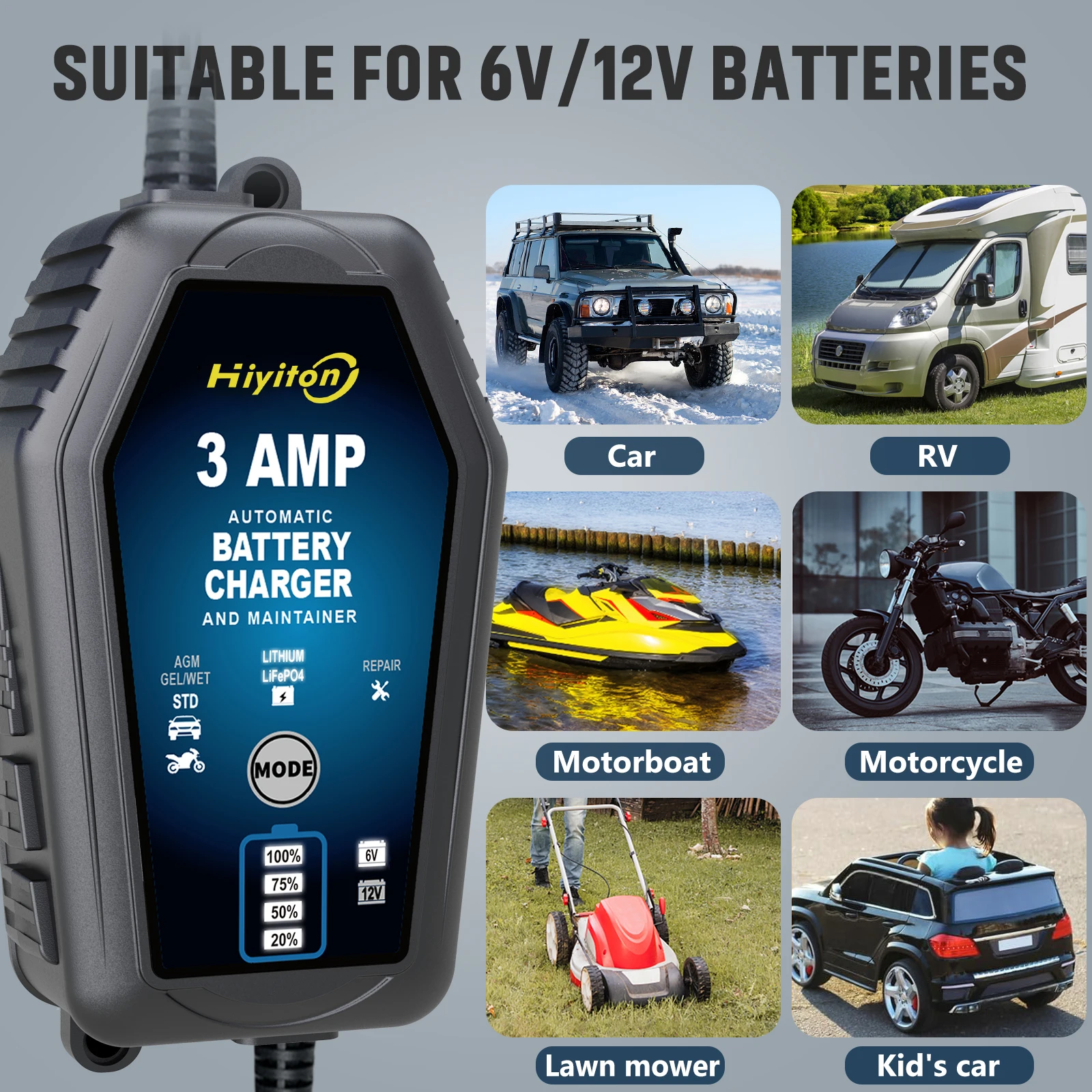 Hiyiton 6V/12V 3000mA Car Motorcycle Smart Battery Charger for Lithium LiFePO4 Lead-Acid Battery Pluse Repair Charge Maintainer