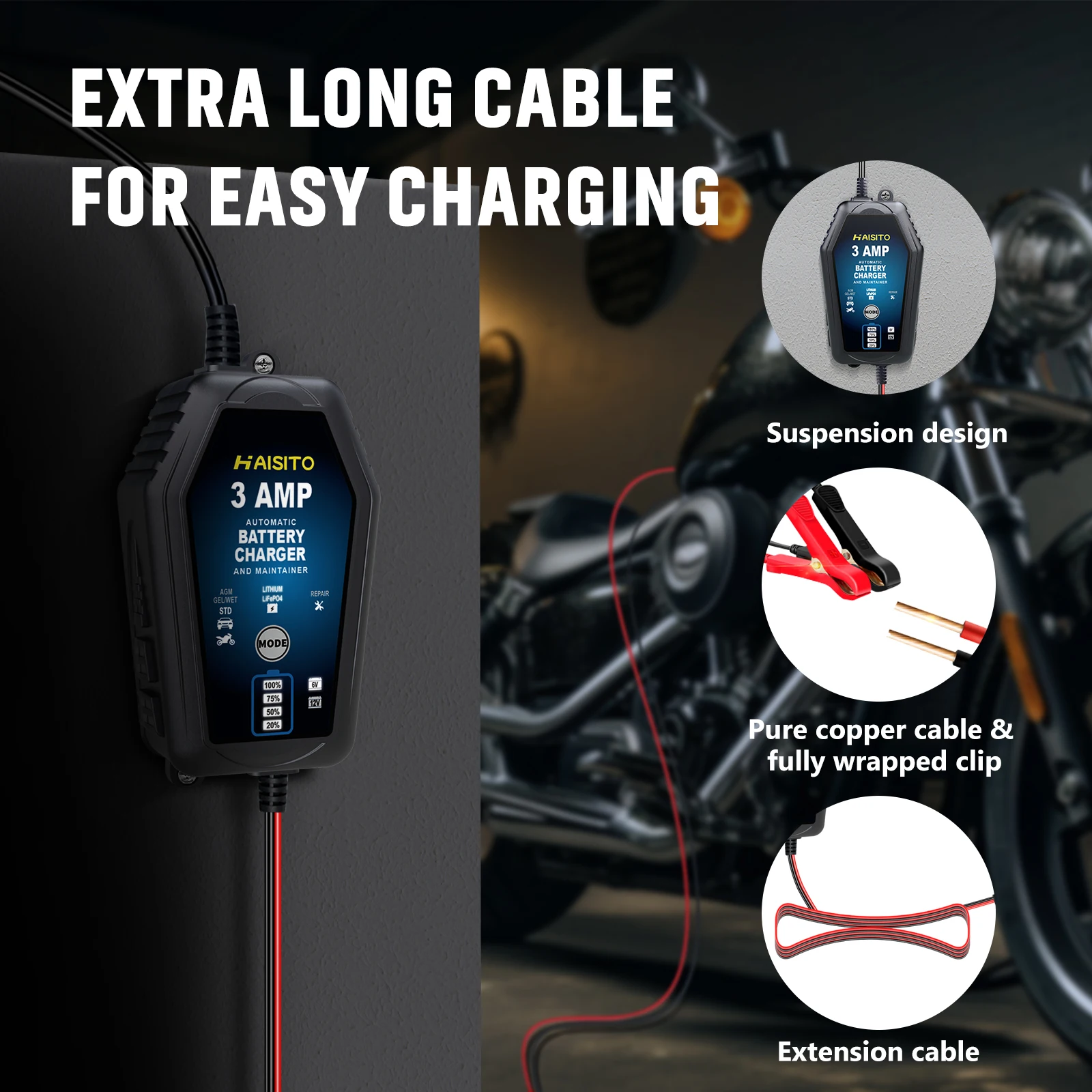 Hiyiton 6V/12V 3000mA Car Motorcycle Smart Battery Charger for Lithium LiFePO4 Lead-Acid Battery Pluse Repair Charge Maintainer