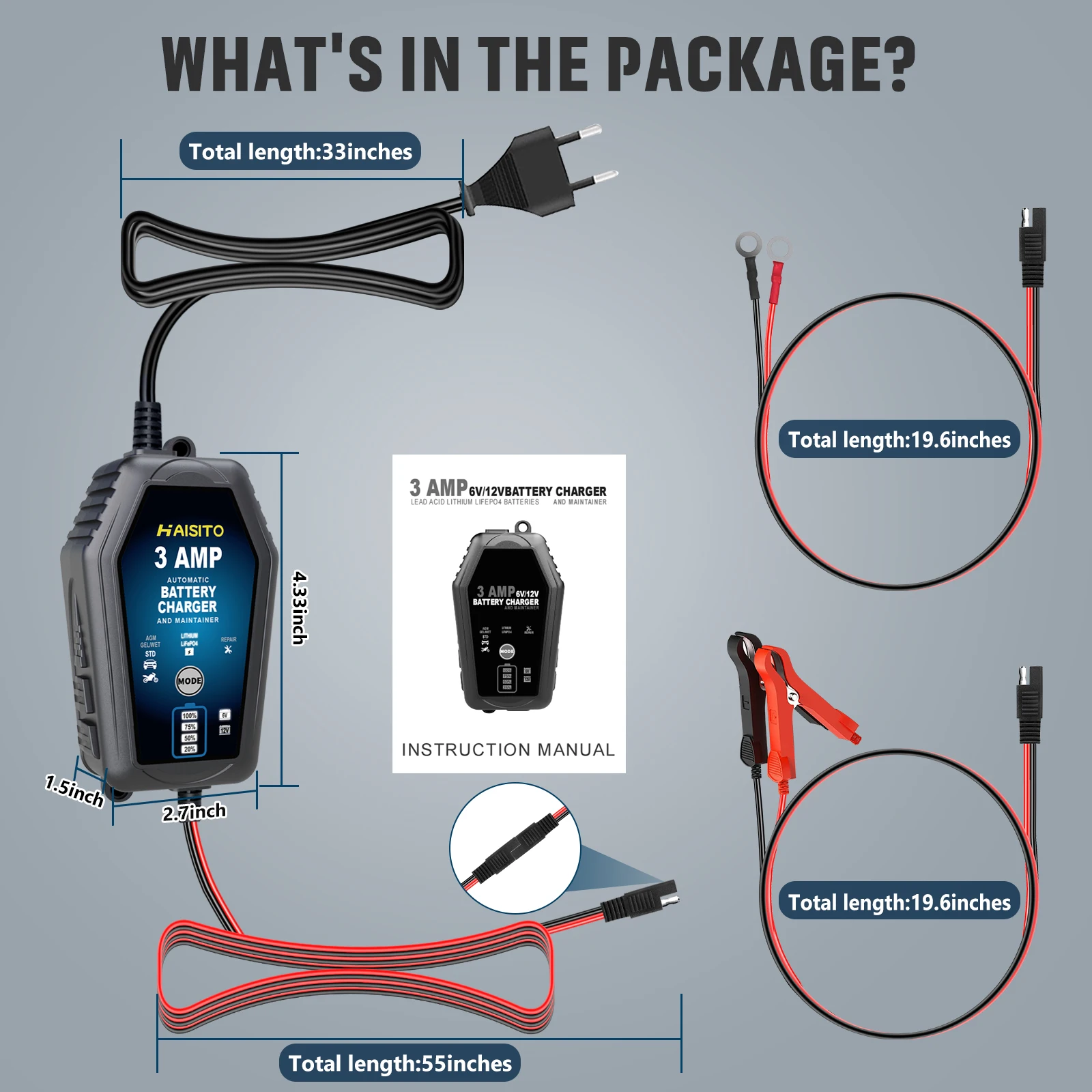 Hiyiton 6V/12V 3000mA Car Motorcycle Smart Battery Charger for Lithium LiFePO4 Lead-Acid Battery Pluse Repair Charge Maintainer