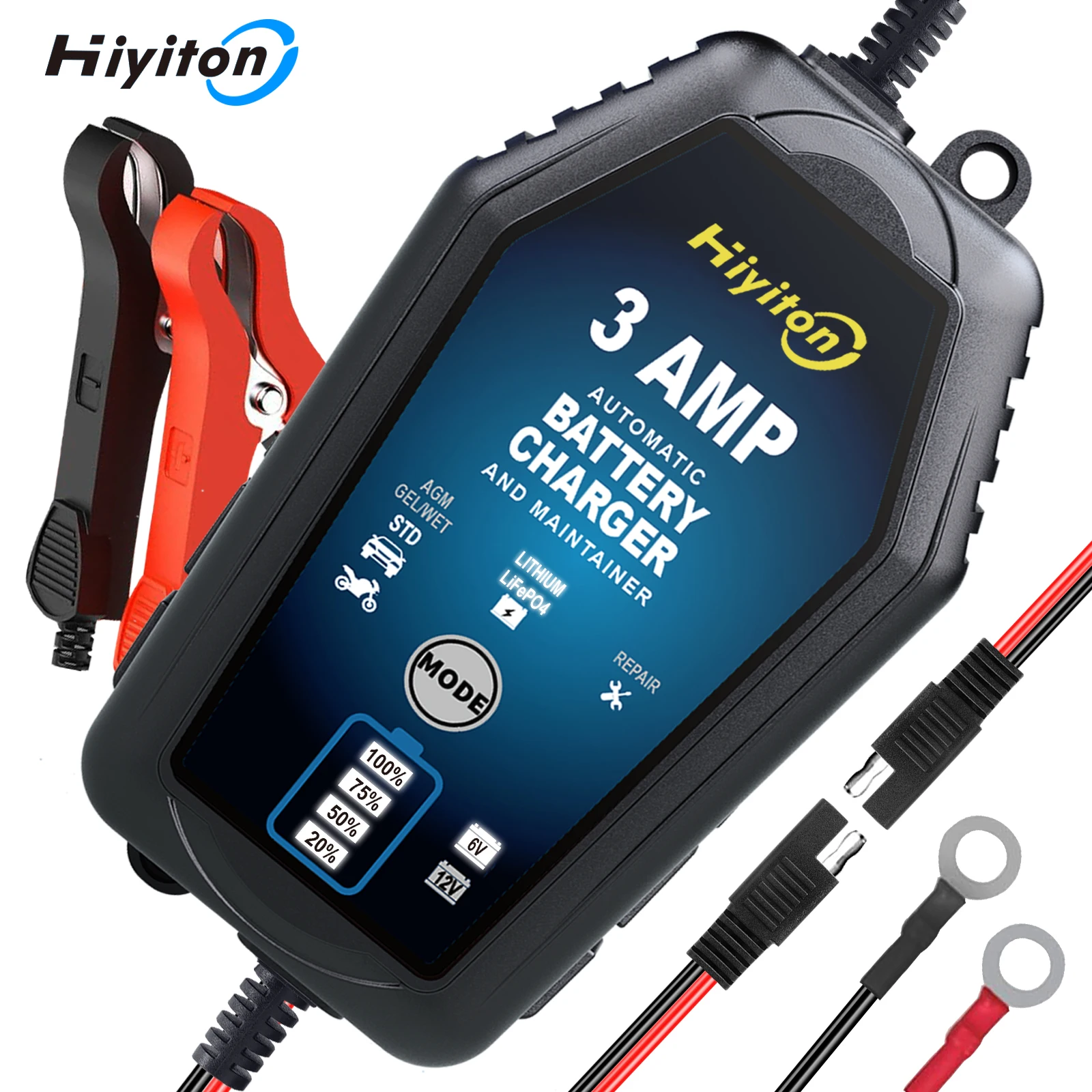 Hiyiton 6V/12V 3000mA Car Motorcycle Smart Battery Charger for Lithium LiFePO4 Lead-Acid Battery Pluse Repair Charge Maintainer