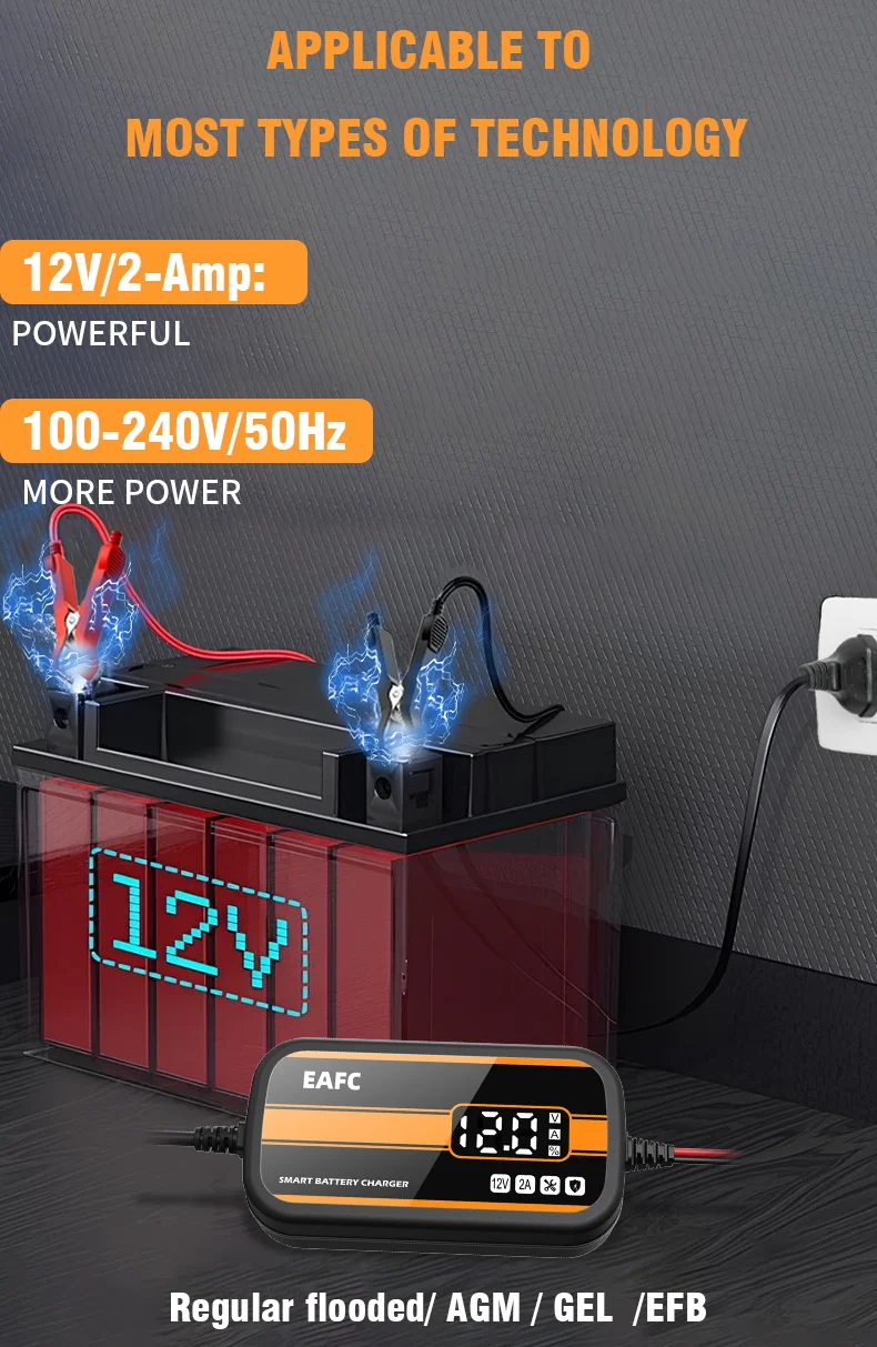 Newest 12V Car Battery Charger 2Ah-20Ah Intelligent Digital Display Lead Acid Battery Repair Charger for Car SUV Motorcycle