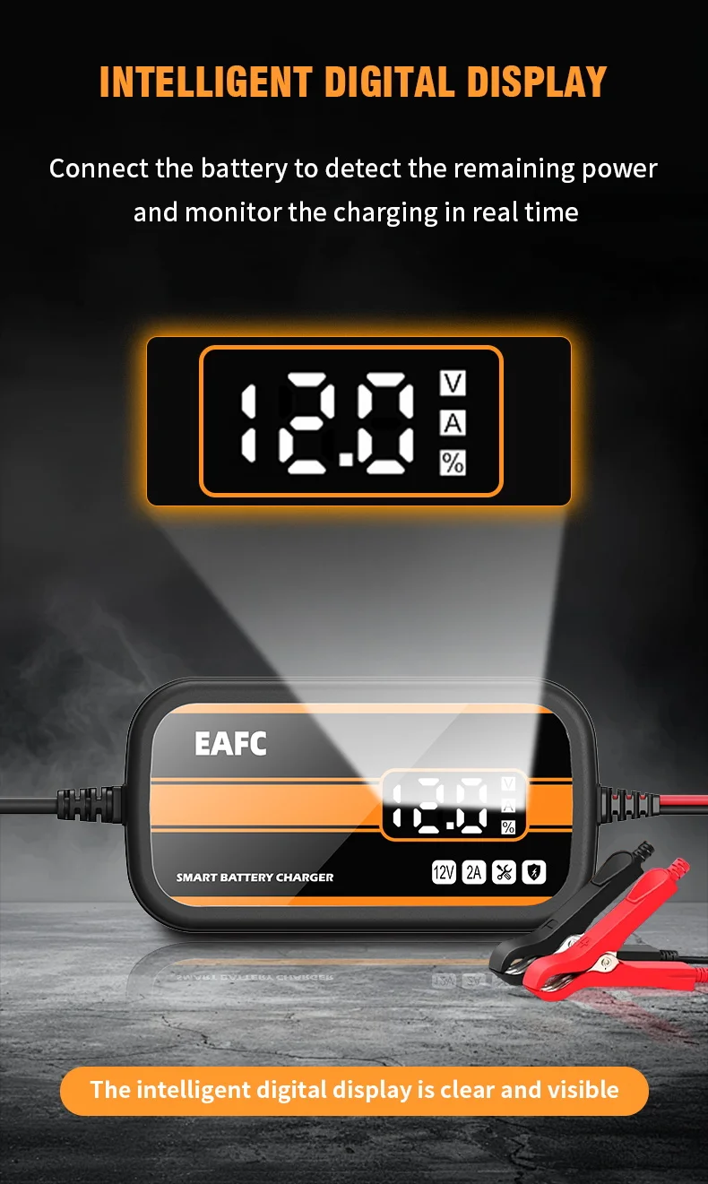 Newest 12V Car Battery Charger 2Ah-20Ah Intelligent Digital Display Lead Acid Battery Repair Charger for Car SUV Motorcycle