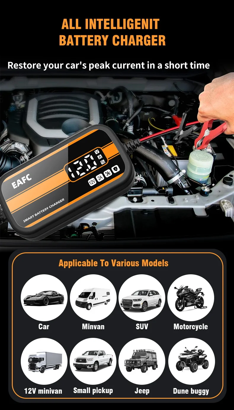Newest 12V Car Battery Charger 2Ah-20Ah Intelligent Digital Display Lead Acid Battery Repair Charger for Car SUV Motorcycle
