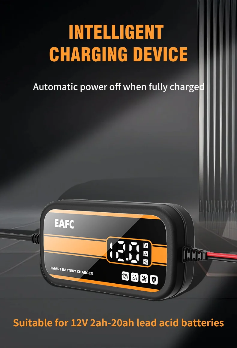 Newest 12V Car Battery Charger 2Ah-20Ah Intelligent Digital Display Lead Acid Battery Repair Charger for Car SUV Motorcycle