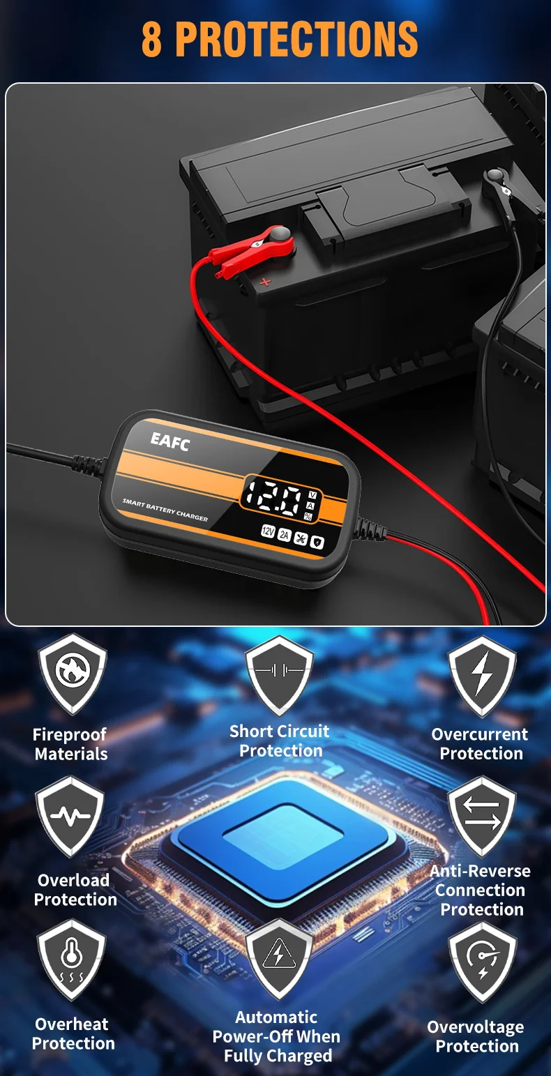 Newest 12V Car Battery Charger 2Ah-20Ah Intelligent Digital Display Lead Acid Battery Repair Charger for Car SUV Motorcycle