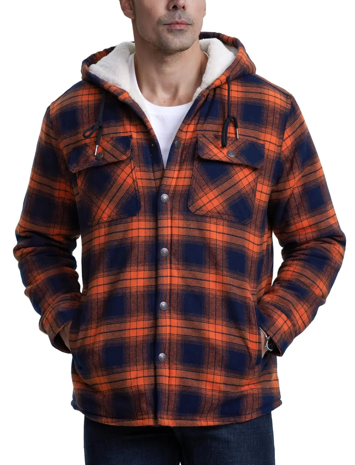 TACVASEN Sherpa Lined Flannel Jacket Mens Heavyweight Hooded Fleece Jacket Thicken Warm Button Down Plaid Jacket Outwear Coats