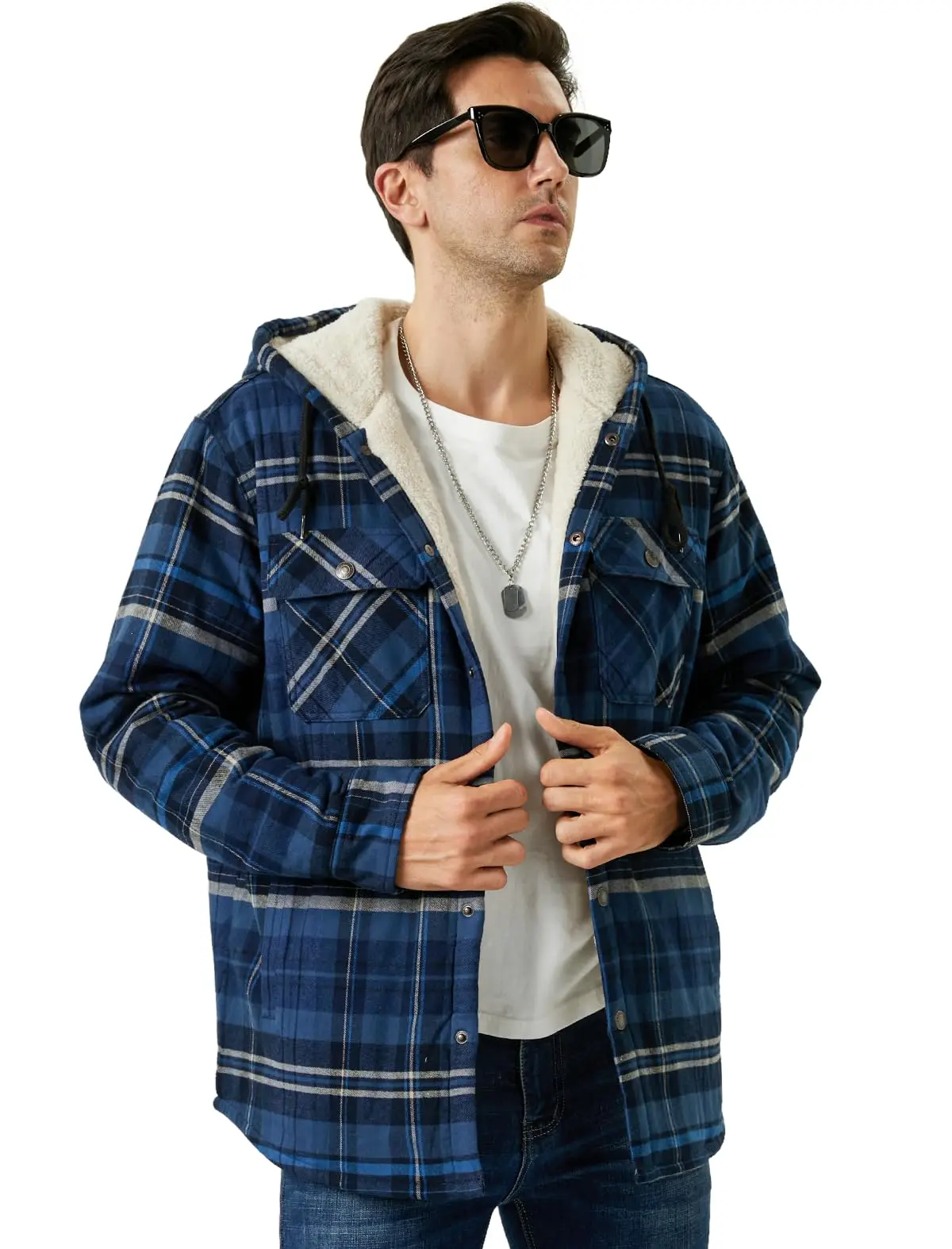 TACVASEN Sherpa Lined Flannel Jacket Mens Heavyweight Hooded Fleece Jacket Thicken Warm Button Down Plaid Jacket Outwear Coats