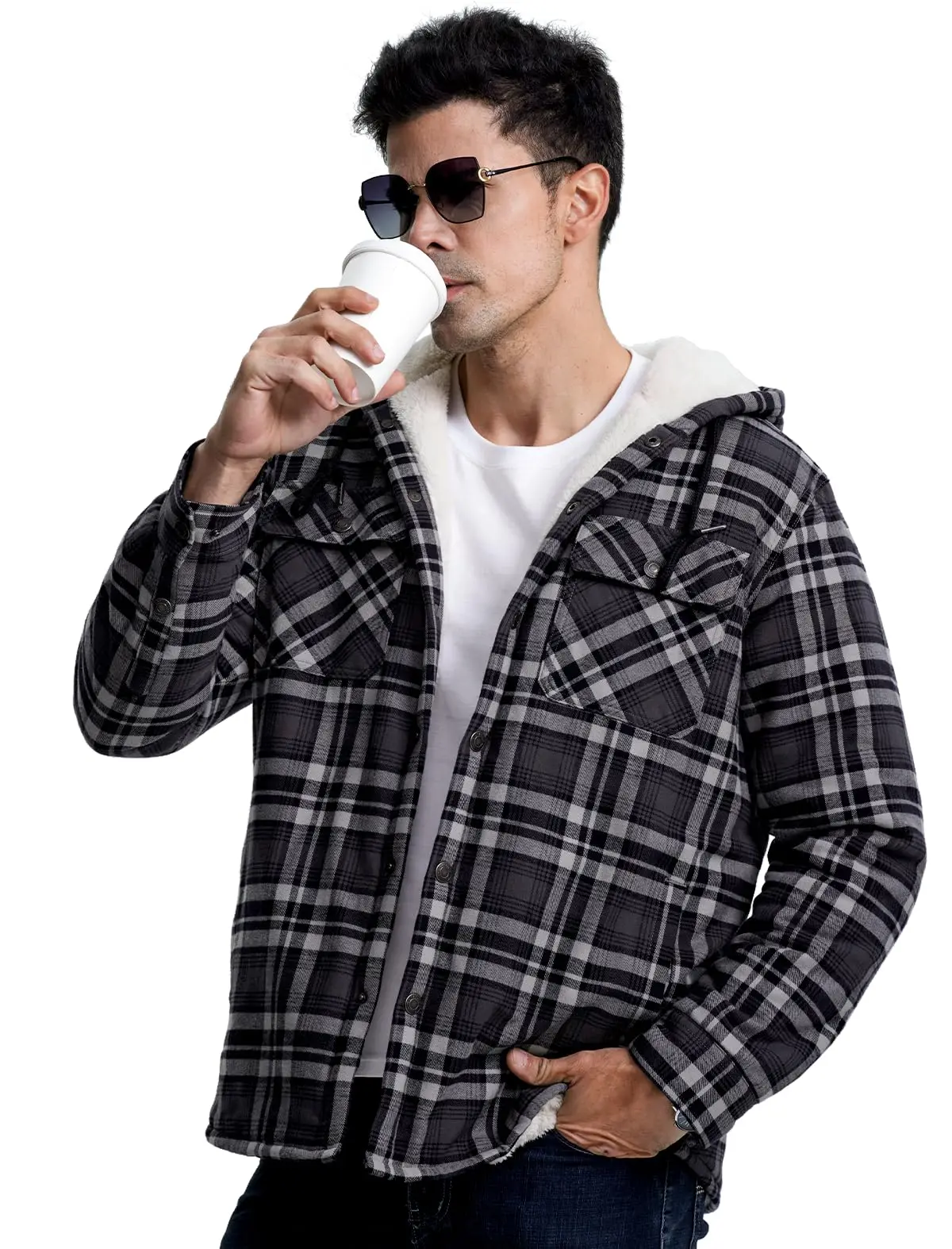 TACVASEN Sherpa Lined Flannel Jacket Mens Heavyweight Hooded Fleece Jacket Thicken Warm Button Down Plaid Jacket Outwear Coats
