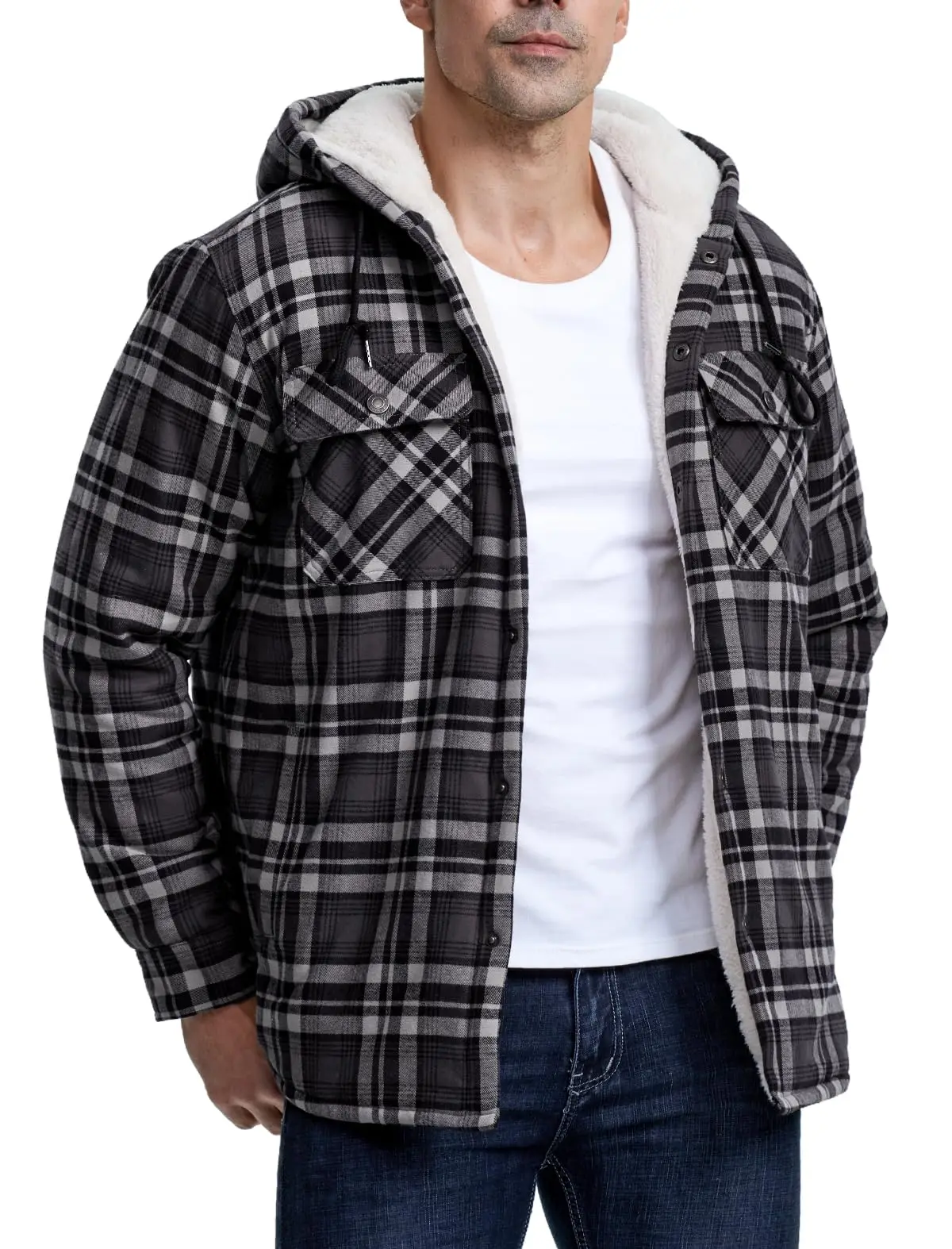 TACVASEN Sherpa Lined Flannel Jacket Mens Heavyweight Hooded Fleece Jacket Thicken Warm Button Down Plaid Jacket Outwear Coats