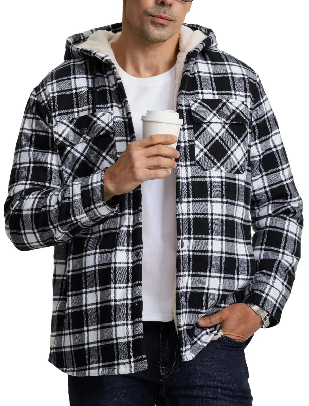 TACVASEN Sherpa Lined Flannel Jacket Mens Heavyweight Hooded Fleece Jacket Thicken Warm Button Down Plaid Jacket Outwear Coats