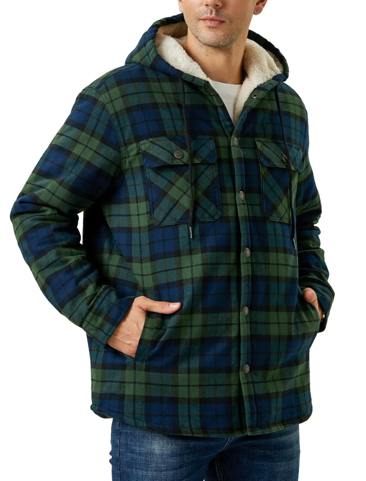 TACVASEN Sherpa Lined Flannel Jacket Mens Heavyweight Hooded Fleece Jacket Thicken Warm Button Down Plaid Jacket Outwear Coats