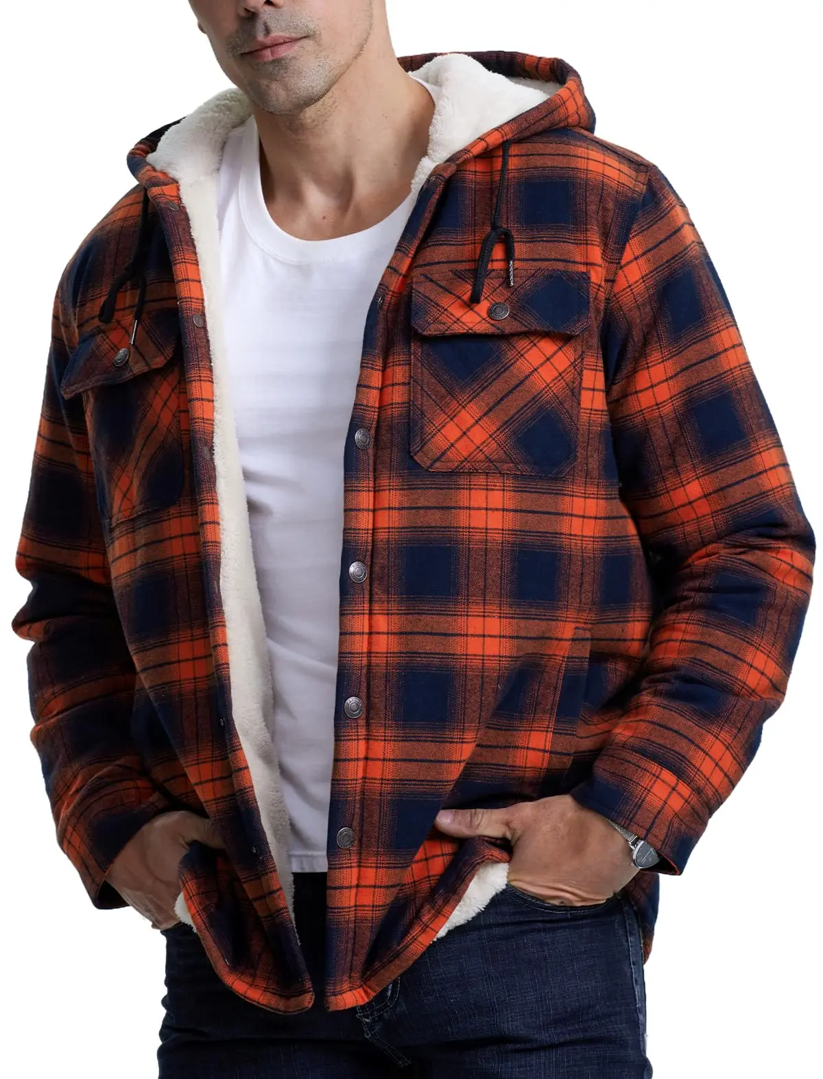TACVASEN Sherpa Lined Flannel Jacket Mens Heavyweight Hooded Fleece Jacket Thicken Warm Button Down Plaid Jacket Outwear Coats