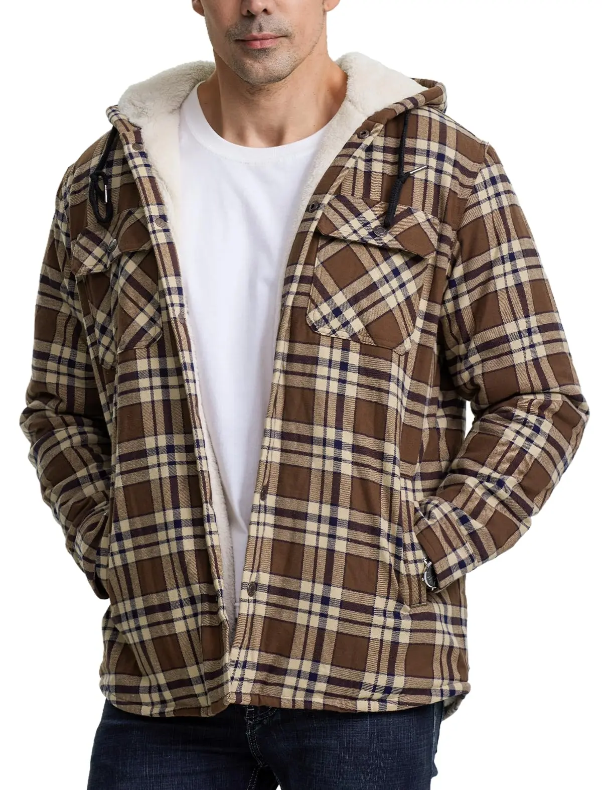 TACVASEN Sherpa Lined Flannel Jacket Mens Heavyweight Hooded Fleece Jacket Thicken Warm Button Down Plaid Jacket Outwear Coats