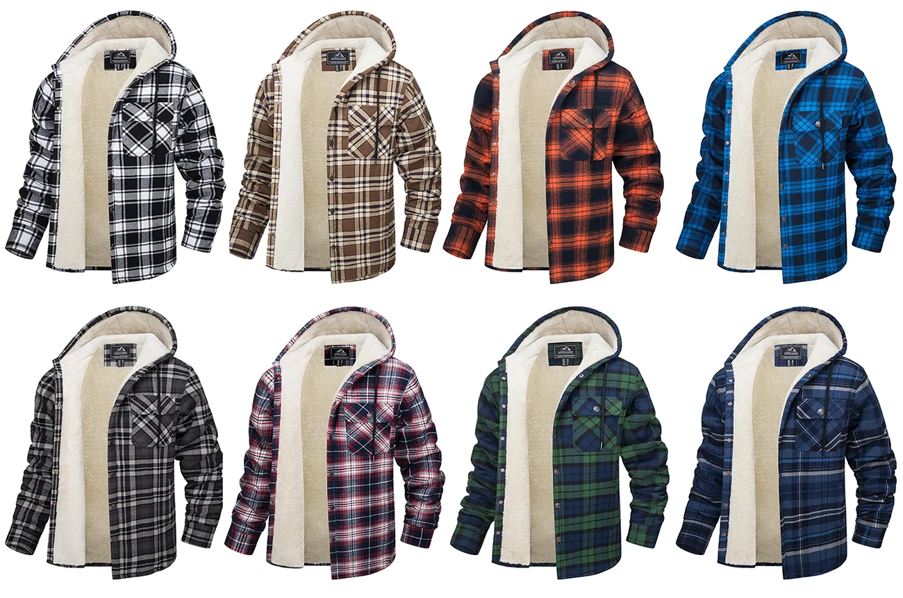 TACVASEN Sherpa Lined Flannel Jacket Mens Heavyweight Hooded Fleece Jacket Thicken Warm Button Down Plaid Jacket Outwear Coats