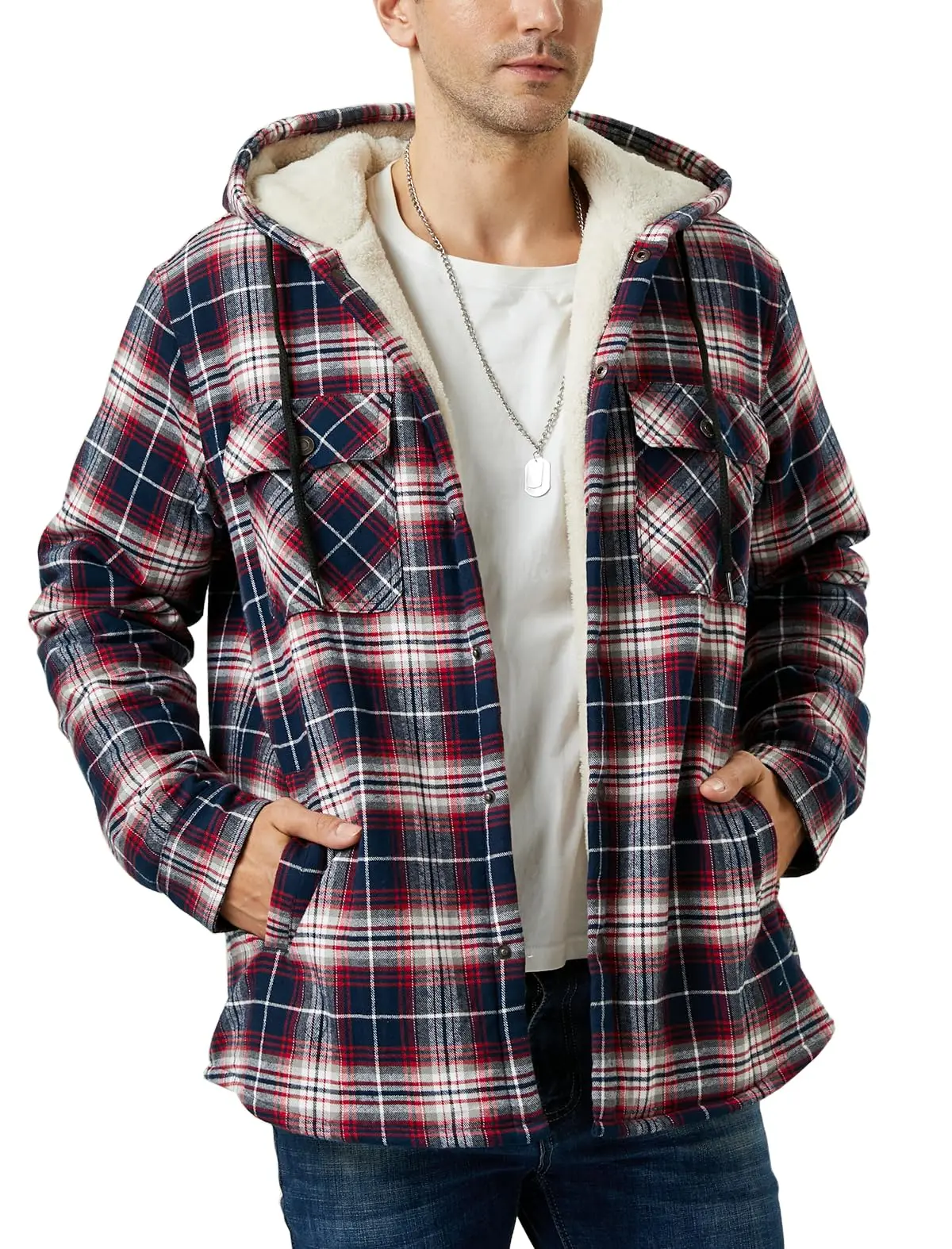 TACVASEN Sherpa Lined Flannel Jacket Mens Heavyweight Hooded Fleece Jacket Thicken Warm Button Down Plaid Jacket Outwear Coats