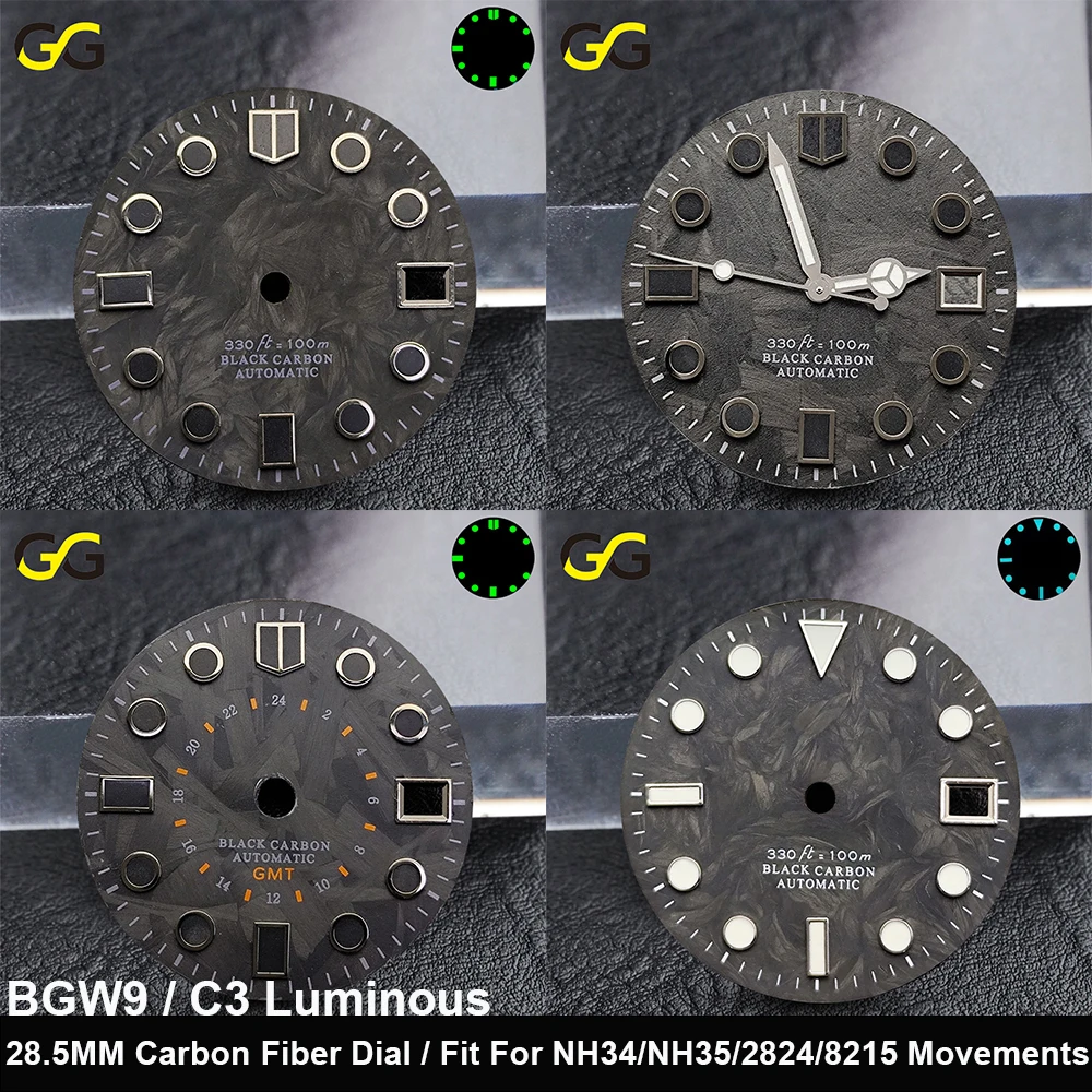 28.5mm Carbon Fiber Texture Watch Dial BGW9 C3 Hands Luminous Date Window Dial For NH34 NH35 2824 Movement Watch Accessories