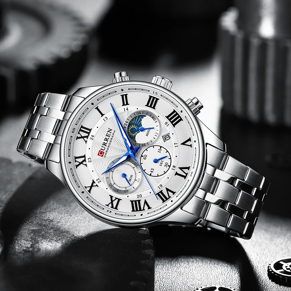 CURREN Casual Business Stainless Steel Bracelet Watch for Men Chronograph Roman Numeral Dial Men's Wristwatch