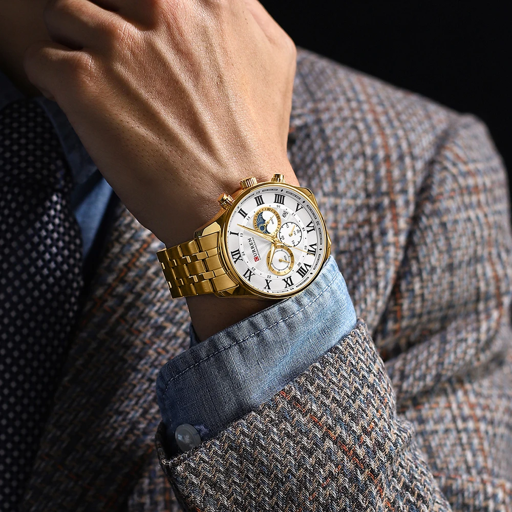 CURREN Casual Business Stainless Steel Bracelet Watch for Men Chronograph Roman Numeral Dial Men's Wristwatch