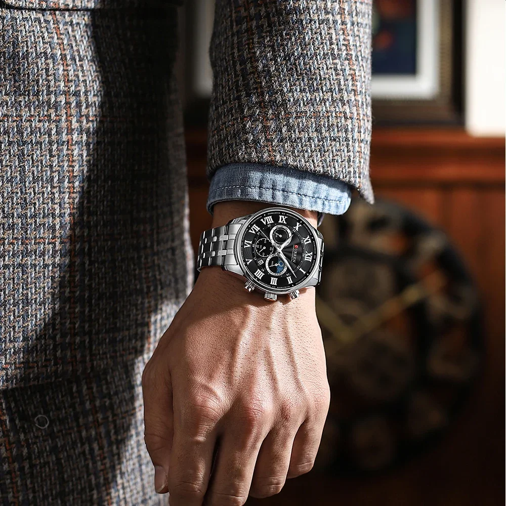 CURREN Casual Business Stainless Steel Bracelet Watch for Men Chronograph Roman Numeral Dial Men's Wristwatch