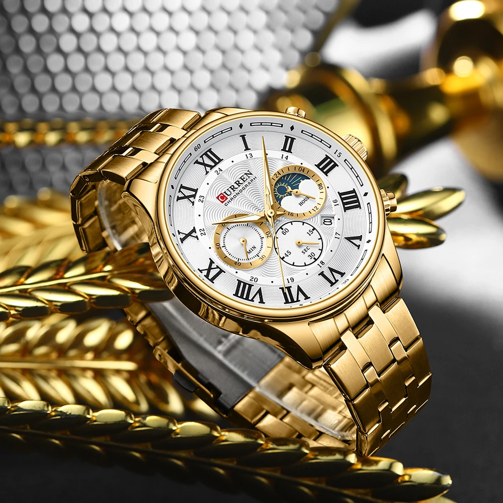 CURREN Casual Business Stainless Steel Bracelet Watch for Men Chronograph Roman Numeral Dial Men's Wristwatch