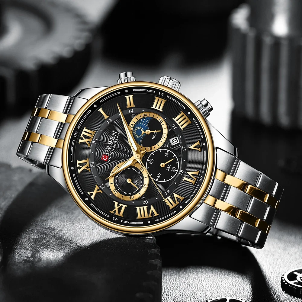 CURREN Casual Business Stainless Steel Bracelet Watch for Men Chronograph Roman Numeral Dial Men's Wristwatch