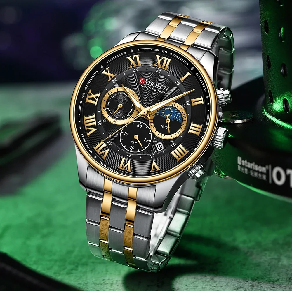 CURREN Casual Business Stainless Steel Bracelet Watch for Men Chronograph Roman Numeral Dial Men's Wristwatch