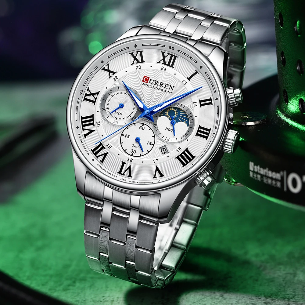 CURREN Casual Business Stainless Steel Bracelet Watch for Men Chronograph Roman Numeral Dial Men's Wristwatch
