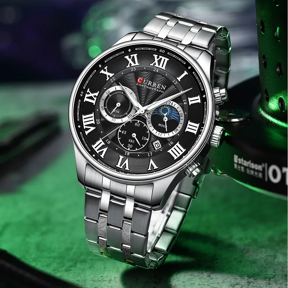 CURREN Casual Business Stainless Steel Bracelet Watch for Men Chronograph Roman Numeral Dial Men's Wristwatch