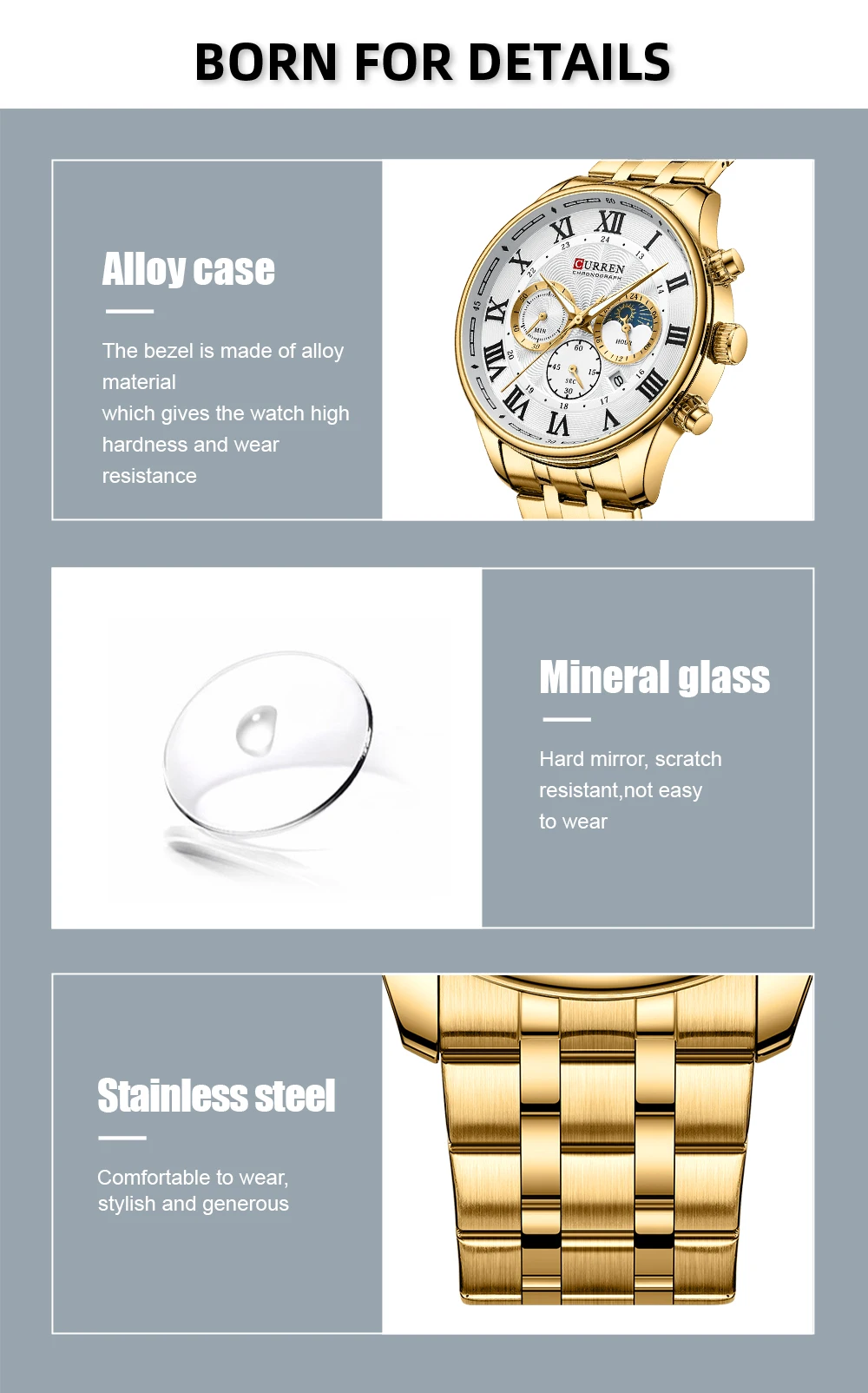 CURREN Casual Business Stainless Steel Bracelet Watch for Men Chronograph Roman Numeral Dial Men's Wristwatch