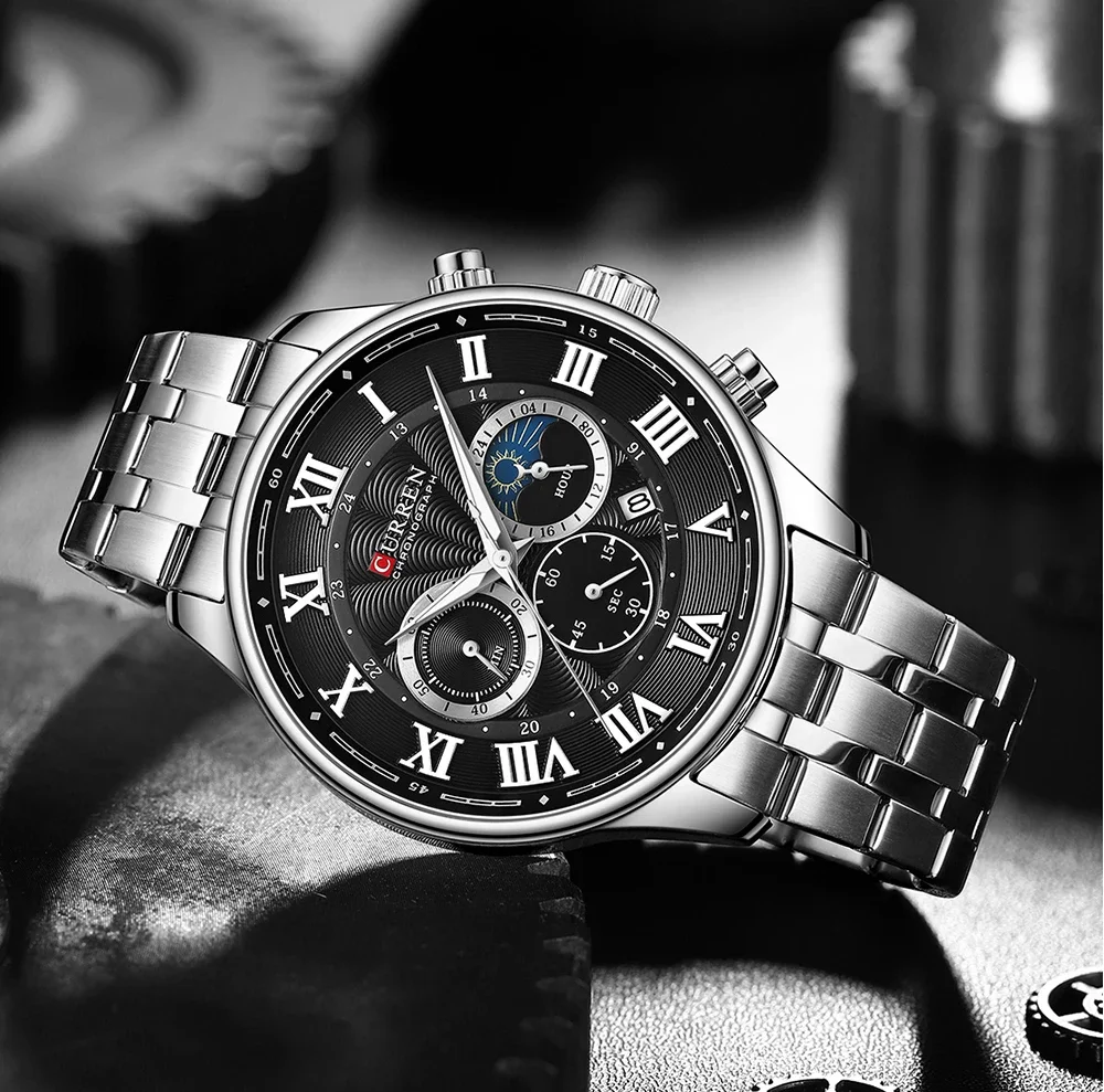 CURREN Casual Business Stainless Steel Bracelet Watch for Men Chronograph Roman Numeral Dial Men's Wristwatch