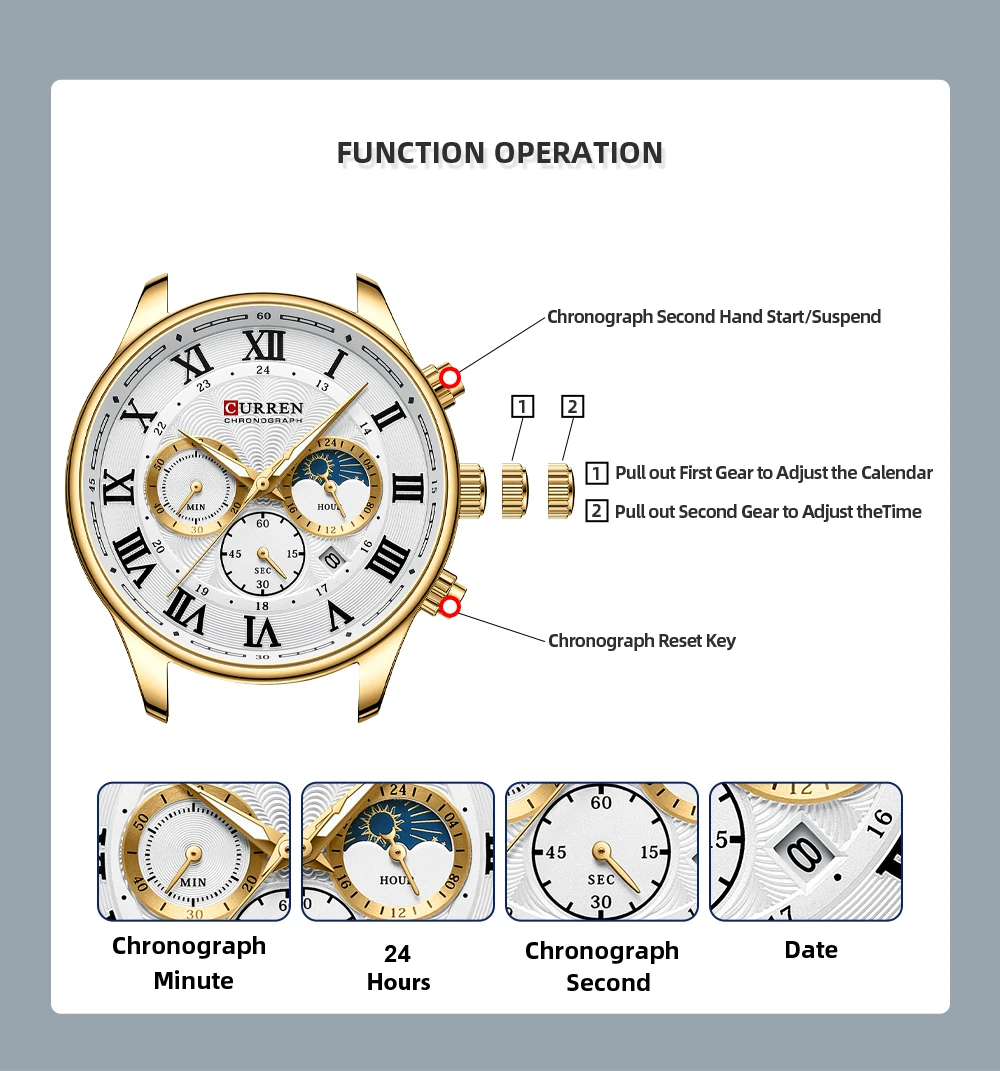 CURREN Casual Business Stainless Steel Bracelet Watch for Men Chronograph Roman Numeral Dial Men's Wristwatch