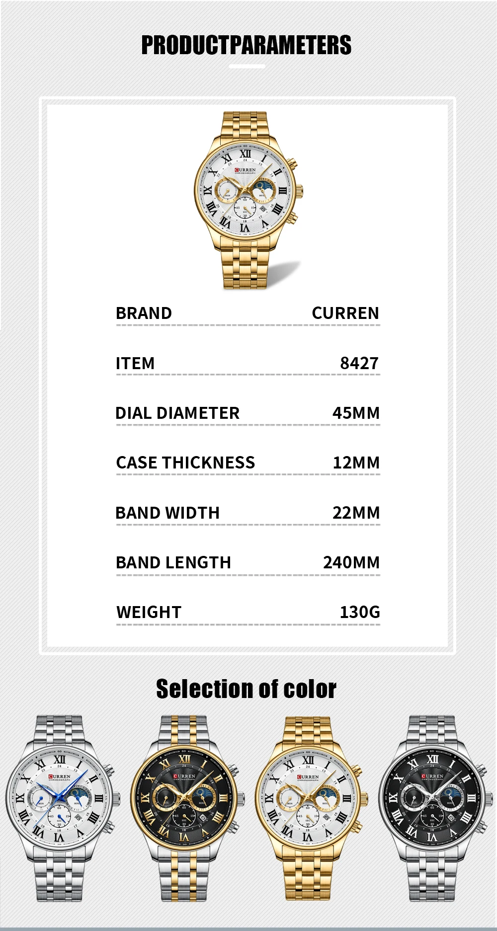 CURREN Casual Business Stainless Steel Bracelet Watch for Men Chronograph Roman Numeral Dial Men's Wristwatch