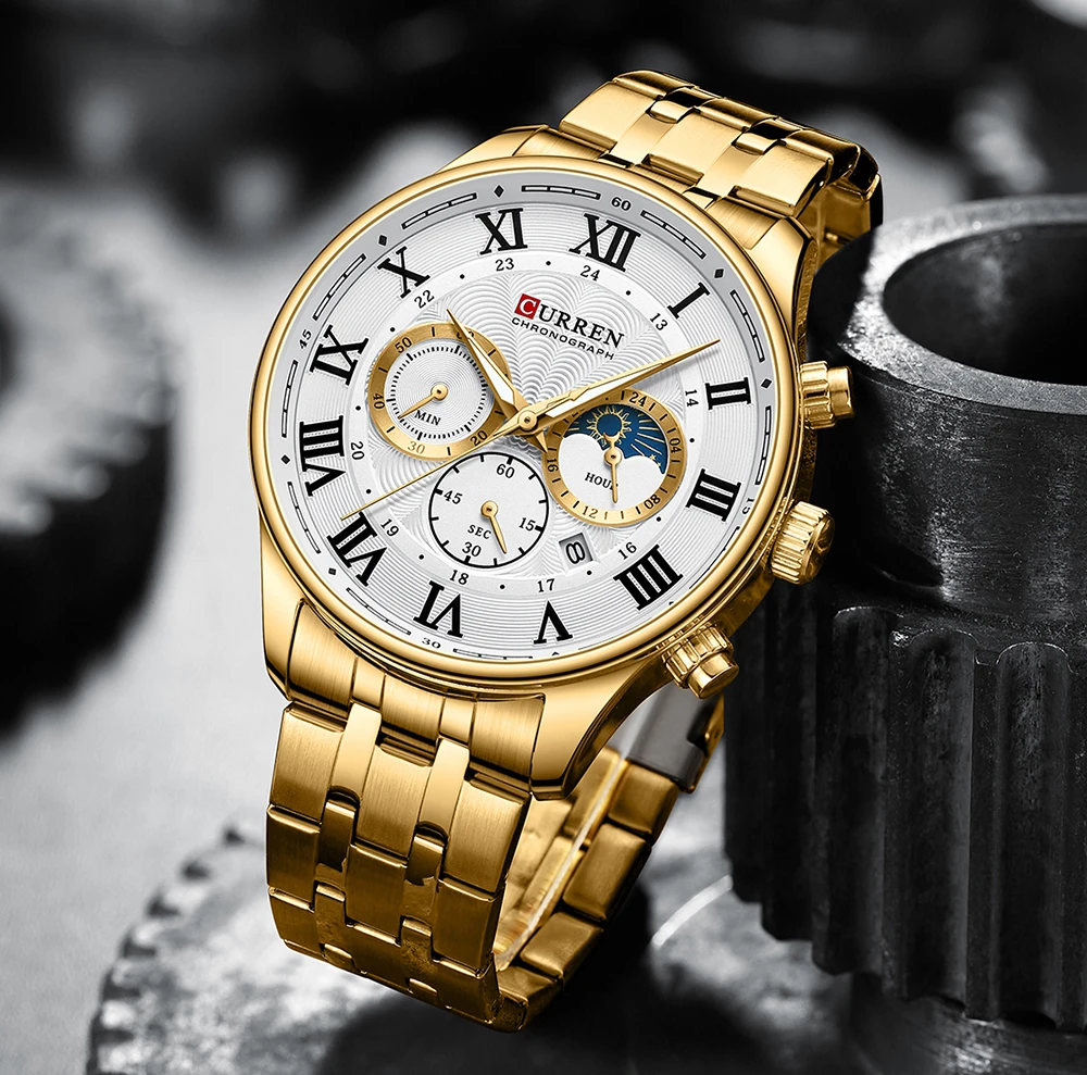 CURREN Casual Business Stainless Steel Bracelet Watch for Men Chronograph Roman Numeral Dial Men's Wristwatch