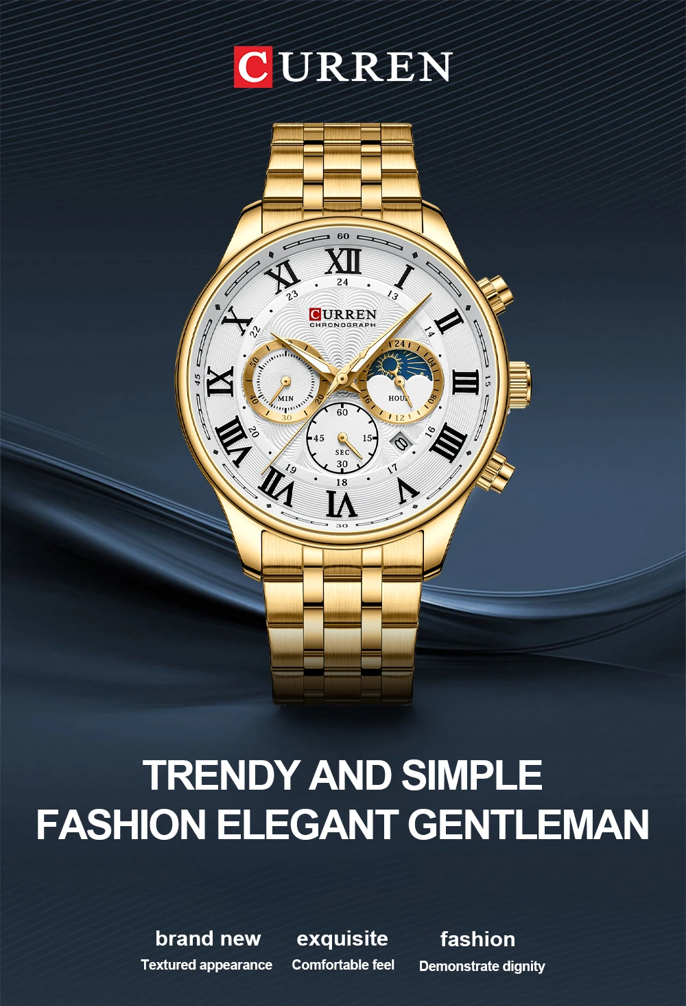 CURREN Casual Business Stainless Steel Bracelet Watch for Men Chronograph Roman Numeral Dial Men's Wristwatch