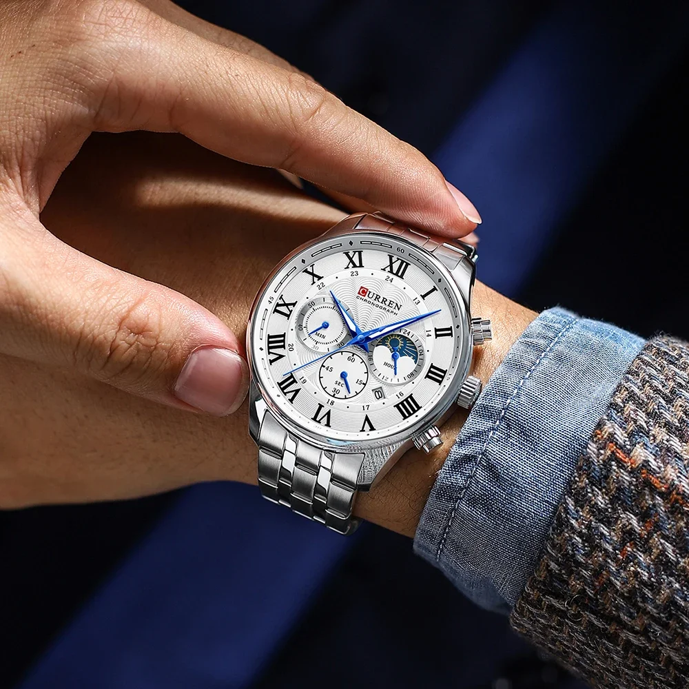 CURREN Casual Business Stainless Steel Bracelet Watch for Men Chronograph Roman Numeral Dial Men's Wristwatch
