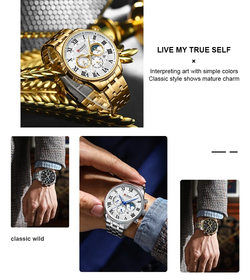 CURREN Casual Business Stainless Steel Bracelet Watch for Men Chronograph Roman Numeral Dial Men's Wristwatch