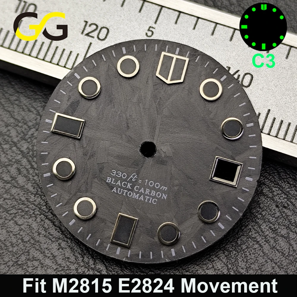 Hot Sale 28.5mm Carbon Fiber Green C3 Luminous Dial Replacement Part Fit NH34 NH35 8215 ETA2824 Mechanical Watch DIAL Custom
