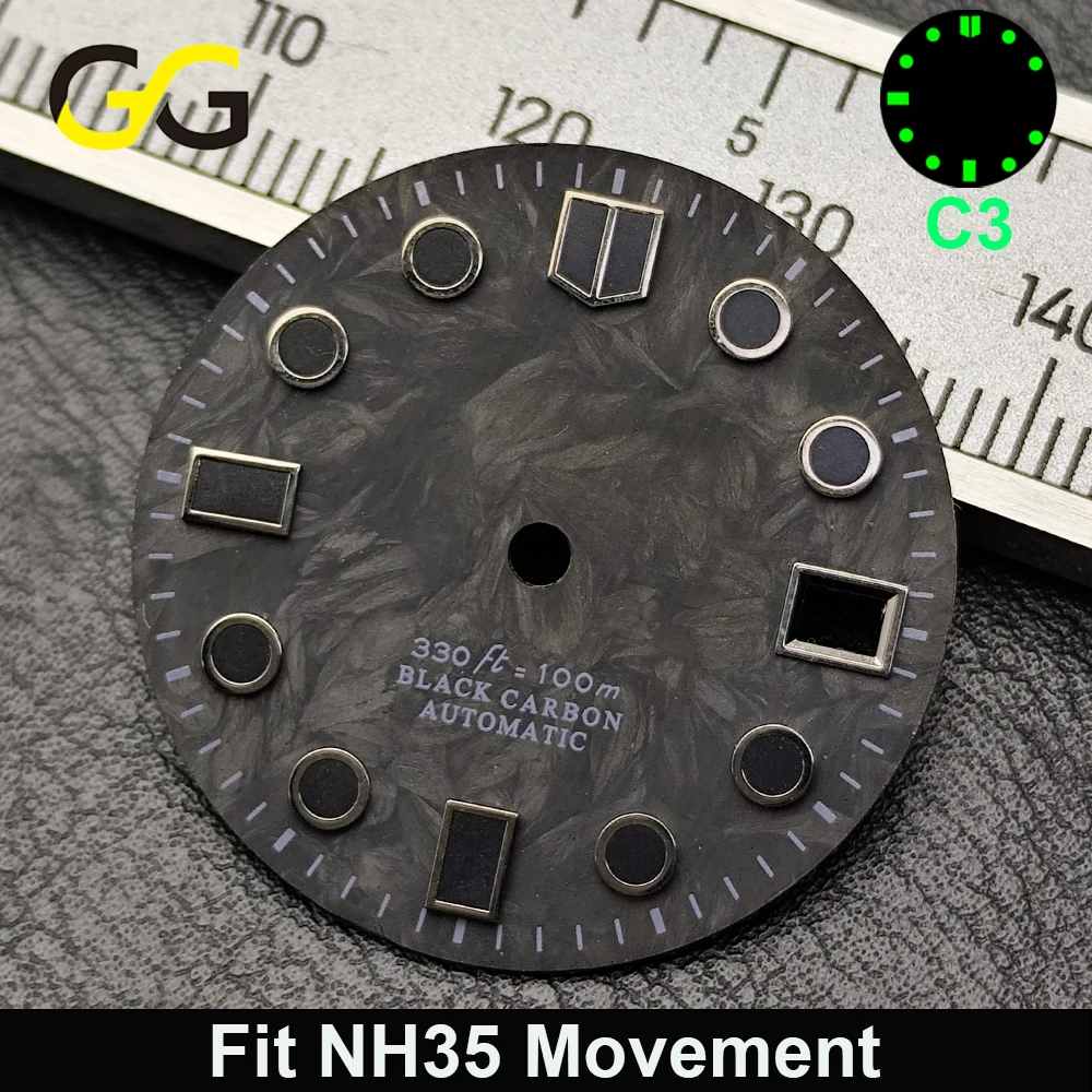 Hot Sale 28.5mm Carbon Fiber Green C3 Luminous Dial Replacement Part Fit NH34 NH35 8215 ETA2824 Mechanical Watch DIAL Custom
