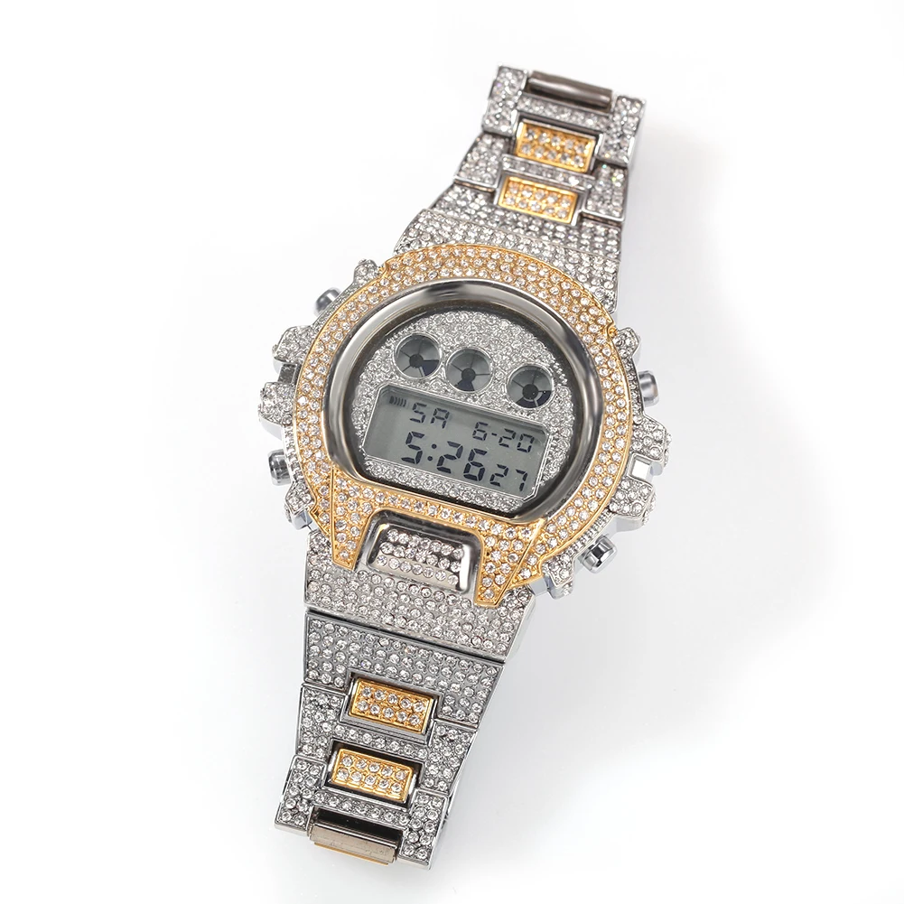 Hip Hop Full Iced Out Men Watches Stainless Steel Fashion Luxury Rhinestones Quartz Square Wristwatches Business Watch