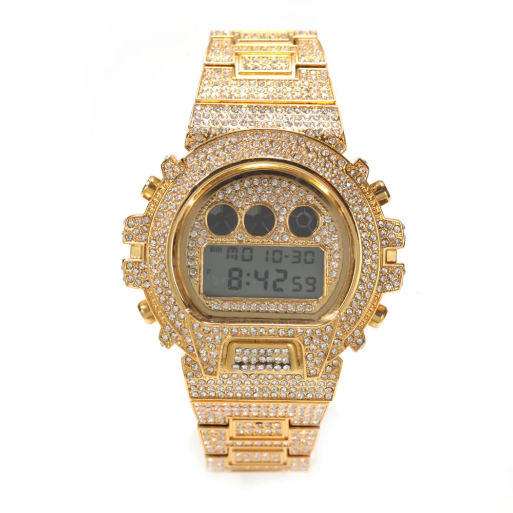 Hip Hop Full Iced Out Men Watches Stainless Steel Fashion Luxury Rhinestones Quartz Square Wristwatches Business Watch