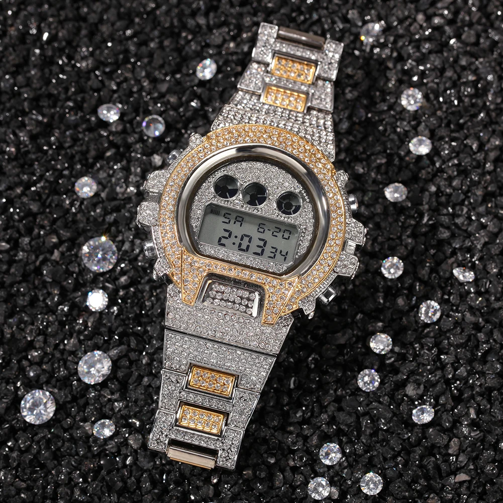 Hip Hop Full Iced Out Men Watches Stainless Steel Fashion Luxury Rhinestones Quartz Square Wristwatches Business Watch