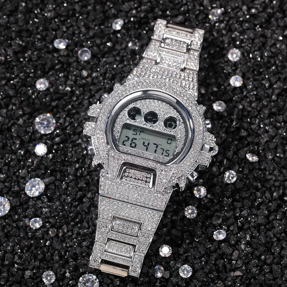Hip Hop Full Iced Out Men Watches Stainless Steel Fashion Luxury Rhinestones Quartz Square Wristwatches Business Watch