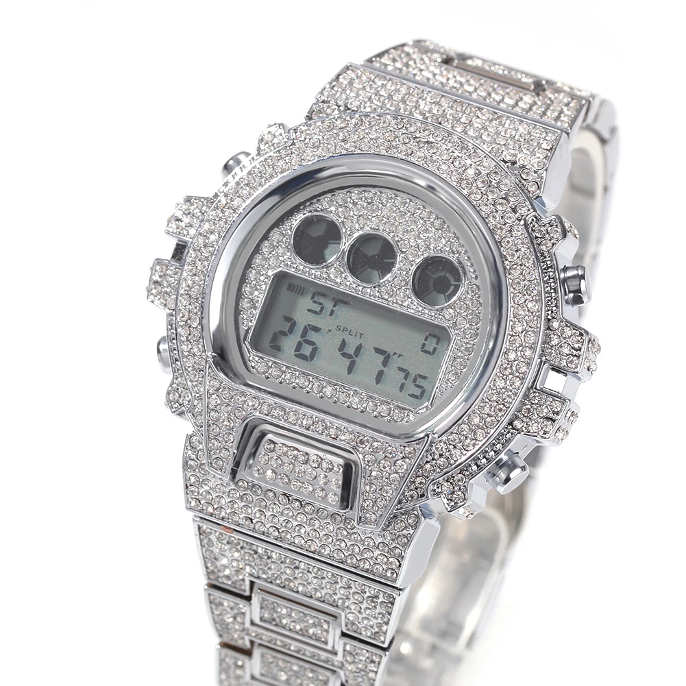 Hip Hop Full Iced Out Men Watches Stainless Steel Fashion Luxury Rhinestones Quartz Square Wristwatches Business Watch
